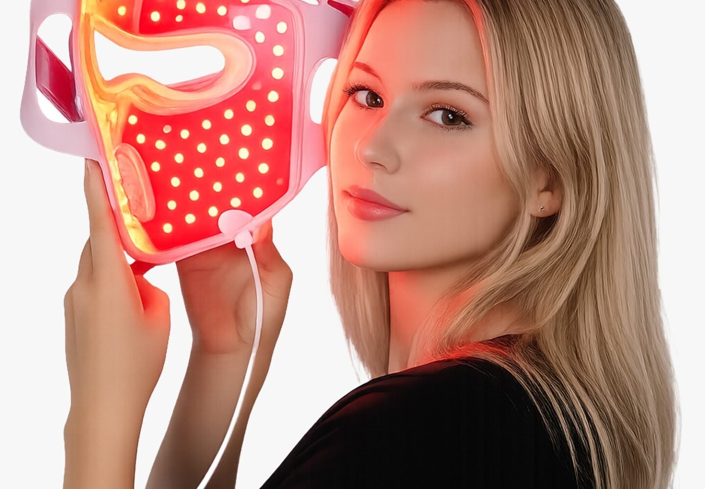 Young woman holds a red LED face mask near her cheek, smiling slightly. The mask glows red with numerous lights for facial therapy.